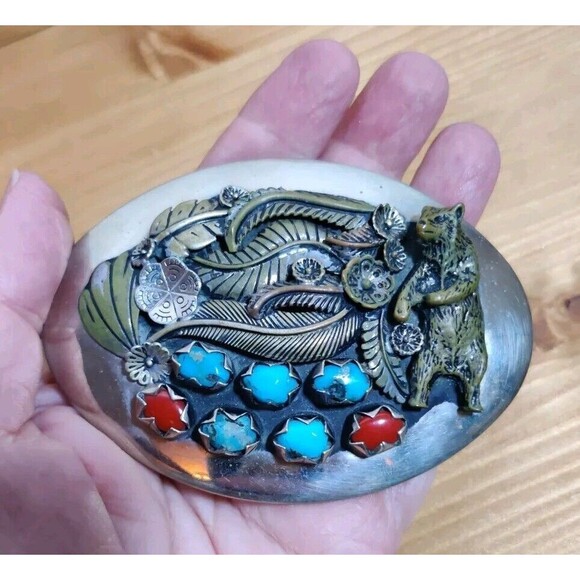 VINTAGE NAVAJO HANDMADE CORAL TURQUOISE Bear Feather SILVER BELT BUCKLE - Picture 4 of 7